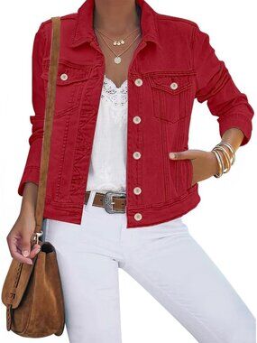 Women's True Red Cotton Button Down Stretch Fitted Long Sleeve Jean Jacket